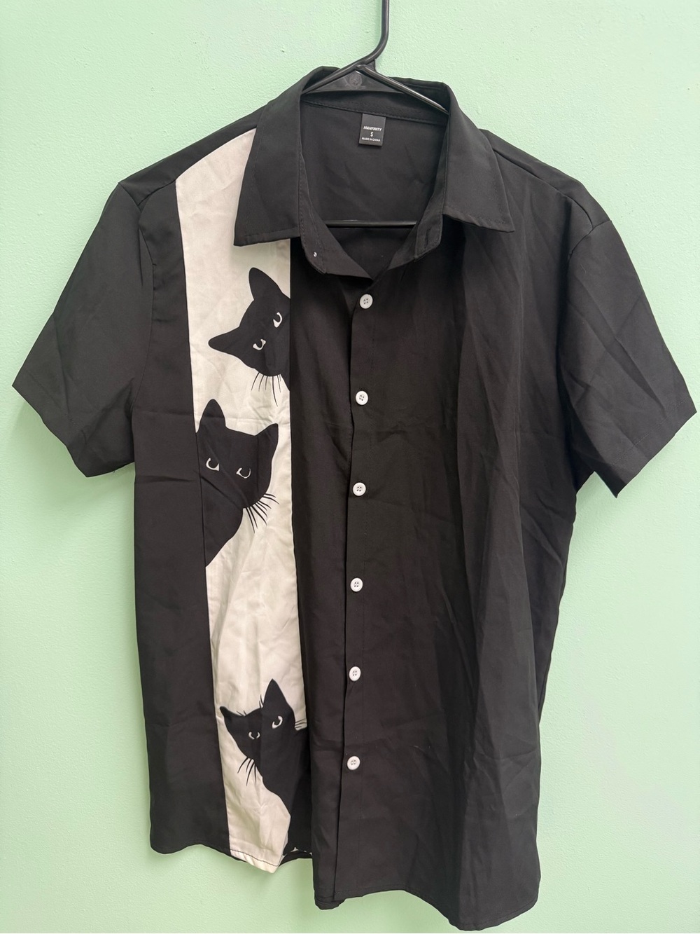 Black Short-Sleeve Button-Down Shirt with White Cat Panel